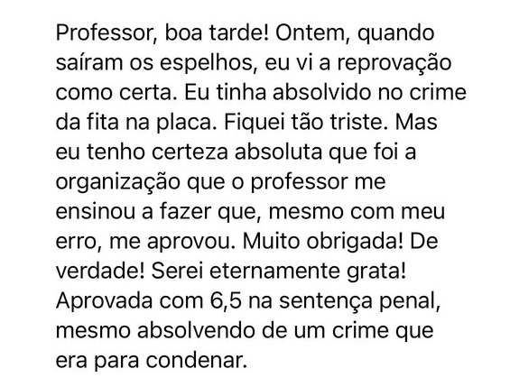 Mensagem de aluno sobre o curso