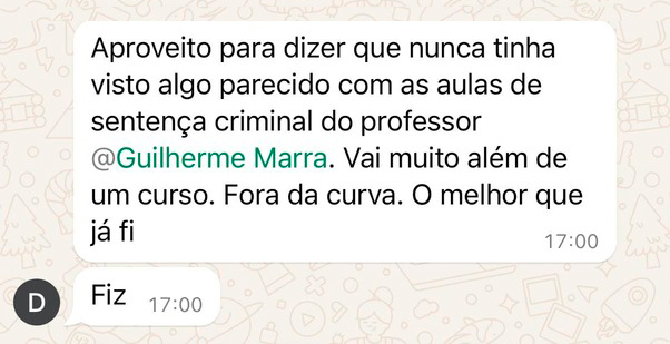 Mensagem de aluno sobre o curso