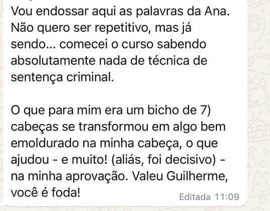 Mensagem de aluno sobre o curso