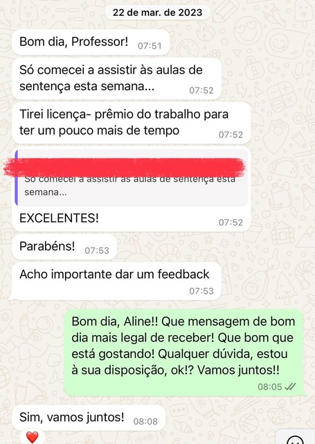Mensagem de aluno sobre o curso